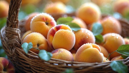 Poster - Vintage wicker basket filled with ripe, delicious peaches