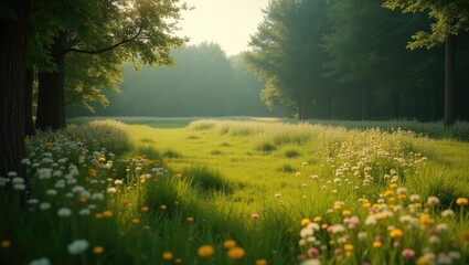 Poster - Scenic view of a public park featuring a grassy area and lush surrounding greenery.