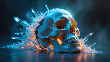 Aufkleber - A skull shattering and transforming into glowing blue and orange crystals - Image