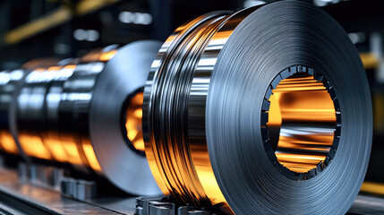 Aufkleber - High quality stainless steel rolls in factory setting, showcasing their shiny surface and industrial environment