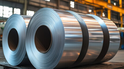 Poster - Stainless steel rolls stacked in warehouse, showcasing industrial materials and manufacturing processes