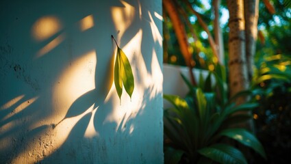 Poster - Leaf Shadow on Wall: Tropical foliage and sunlight filter through, creating a stunning backdrop ideal for wallpaper and design elements.