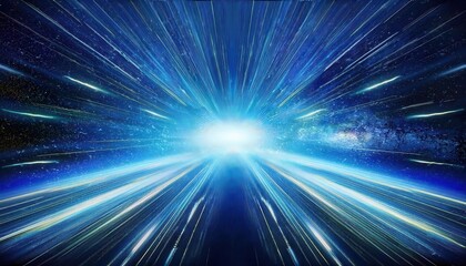 Poster - futuristic hyperspace jump with glowing blue light streaks, abstract cosmic speed motion, sci-fi space travel background


