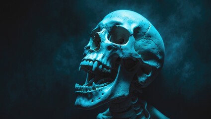 Poster - Howling human skull seen from the side. A human skull with an open mouth, set against a dark background in close-up.