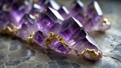 Aufkleber - Gold inclusions within amethyst quartz crystals. Close-up of a raw, unrefined amethyst quartz crystal. Background featuring the texture and surface of a natural mineral stone.