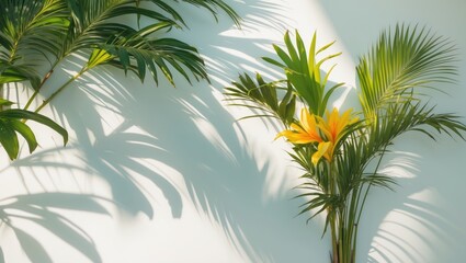 Poster - Silhouetted palm leaves and tropical plants cast shadows on a light backdrop