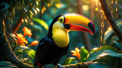 Poster - Scientific designation Ramphastos toco along with common names such as the toco toucan, common toucan, or giant toucan in the rainforest habitat.