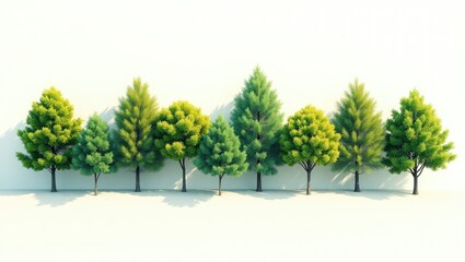Poster - Eliminate the row of trees. A vibrant summer forest with abundant greenery. A distinct arrangement of trees and shrubs set against a plain white backdrop. The forest landscape as a top clipping mask.
