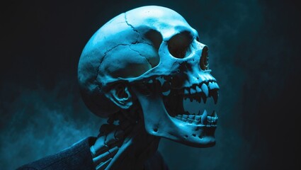 Poster - Yelling human skull in profile. A close-up view of a human skull with an agape mouth, set against a dark background.