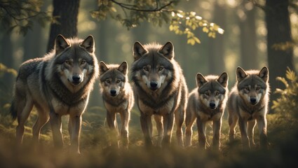  Family of timberwolves in a woodland setting