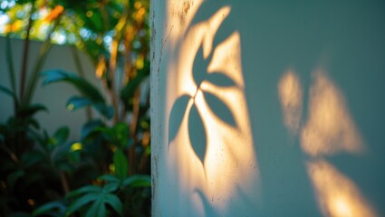 Poster - Silhouette of foliage cast on a wall with tropical greenery and dispersed sunlight on light-colored surfaces, creating an appealing backdrop for wallpapers and various designs.