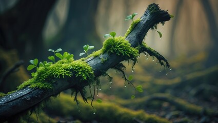 Poster - Profile view of a decaying branch adorned with vibrant green moss.
