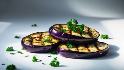 Aufkleber - Grilled eggplant slices garnished with fresh parsley, set against a white background
