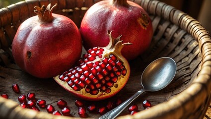 Aufkleber - Juicy pomegranates accompanied by a spoon