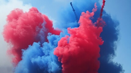 Poster - Spectacular Red and Blue Smoke Clouds Against a Bright Sky Backdrop