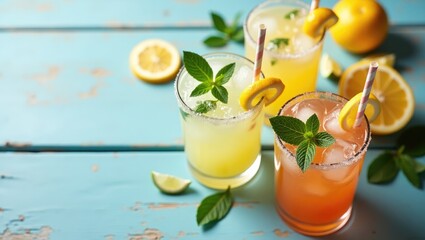 Poster - Chilled summer drinks featuring citrus fruits on a vintage blue table. Aerial perspective. Selective emphasis.