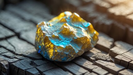 Aufkleber - Close-up view of chalcopyrite mineral on a weathered wooden surface, showcasing the shiny yellow and blue hues, emphasizing geology and mineralogy. A small rock illuminated in daylight.