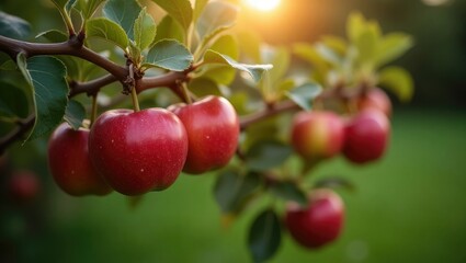 Poster - Luscious red apples hanging from a tree in the garden. Gathering apples.
