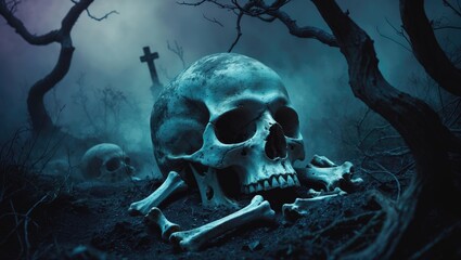 Poster - Skull and bones uncovered from a pit in a haunted graveyard illuminated by faint light   Still life and artistic representation