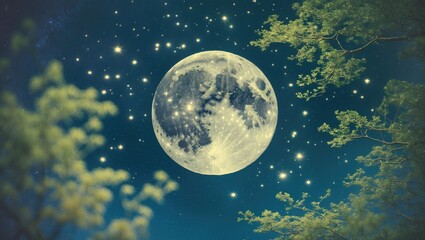 Aufkleber - Radiant full moon and twinkling stars in a nocturnal sky with green tree branches. A night image ideal for stretch ceiling decor.