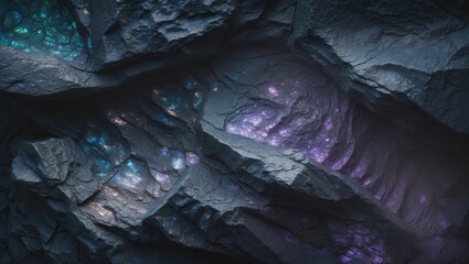 Poster - Textured rock surface. Dark stone backdrop. Stone wall featuring holographic elements and iridescence. Fantasy-themed wallpaper.