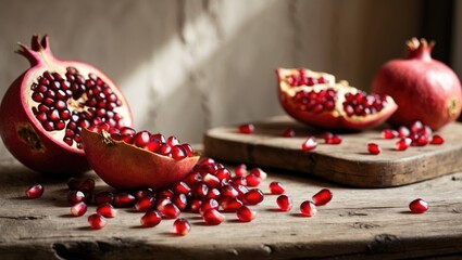 Poster - Scattered red and white pomegranate seeds on a wooden surface and cutting board, with split pomegranates nearby.