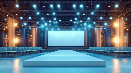Poster - modern large white stage with bright blue lights and seating, perfect for events