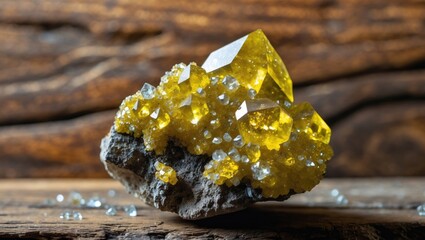 Aufkleber - Close-up of sparkling yellow chalcopyrite crystals with small quartz formations on a rustic wooden surface, illuminated in daylight, showcasing the intricate details of the mineral in a macro view.