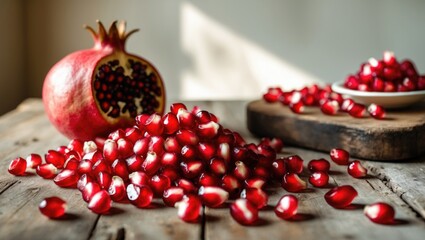 Poster - Scattered red and white pomegranate seeds on a wooden table alongside a whole pomegranate