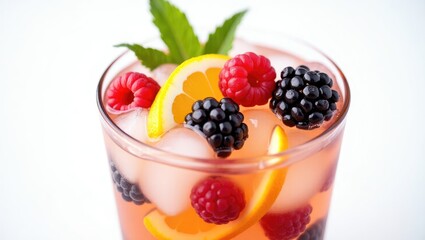 Poster - Chilled beverage featuring ice, various fruits, and citrus garnishes in a glass, including blackberries, raspberries, currants, and mint leaves.