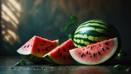 Poster - Sliced sweet yellow watermelon with black seeds, pieces of ripe yellow melon arranged beautifully