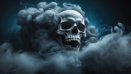 Poster - Eerie skull rising from a billowing cloud of smoke in high contrast