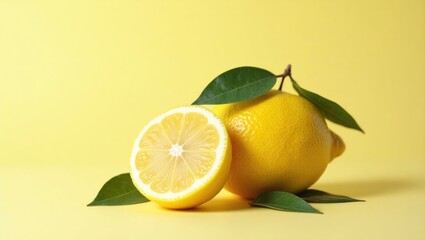 Poster - Authentic citrus fruit featuring a whole lemon and a sliced segment accompanied by leaves.