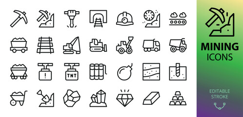 Poster - Coal mining icons set. Set of pickaxe, pick, iron ore trolley, miner helmet, tnt, mineral, ingot, coal trolley, digging, quarry dump truck vector icon with editable stroke