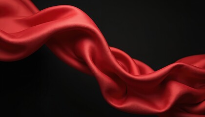 Aufkleber - Luxurious red satin fabric lies on black background. Elegant silk cloth with smooth, wavy texture. Rich flowing material showcases fashion design, textile art. Scarlet drapery for premium decor.