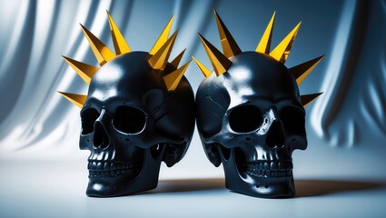 Poster - Dual-sided black skull design with golden spikes set against a white backdrop, creating a striking wallpaper.