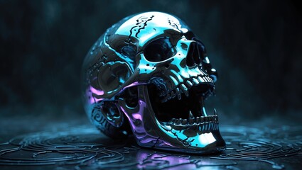 Fototapete - Rendered artistic depiction of a chrome skull with a screaming expression, reflecting light against a dark backdrop.