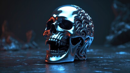 Fototapete - Rendered Image of a Chrome Skull with Screaming Features, Glinting in a Dark Setting.