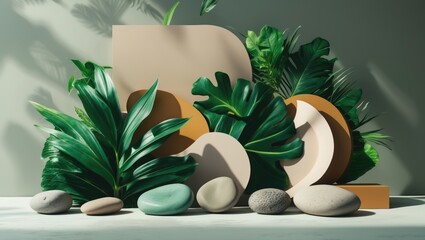 Fototapete - Collage of abstract shapes combined with tropical foliage and pebbles. A flat design featuring sea stones, green leaves, and geometric forms.