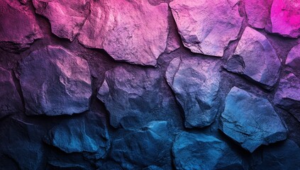 Poster - Textured Rock Wall with Gradient Lighting in Purple and Blue Hues Ideal for Backgrounds in Design Projects and Artistic Applications