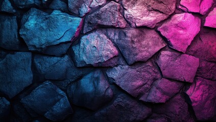 Poster - Textured Stone Wall Background with Vibrant Blue and Pink Light Highlights, Ideal for Abstract Art, Design, and Creative Projects