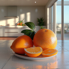 Poster - Fresh oranges and grapefruit on kitchen table, showcasing vibrant colors and natural light