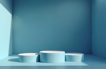 Aufkleber - Three empty blue podiums for product presentation background. Mockup stage for demonstration. Abstract geometric pedestals. Studio room with light and shadow. Round dais exhibition platform showcase.