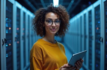 Aufkleber - Portrait of female engineer in eyeglasses holding digital tablet in server room with data racks. IT pro works with information, equipment, solves problems in datacenter, provides security and support.