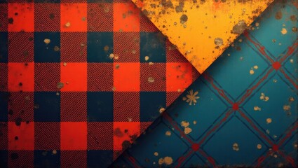 Poster - Vibrant abstract design featuring a lively checkered pattern, an aged plaid background, and a geometric tartan illustration suitable for wallpaper art.