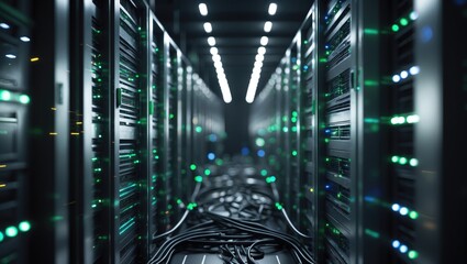 Fototapete - Digital data storage environment; server center for cloud computing. Network connections among server systems illuminated by dark lights.