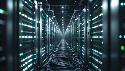 Fototapete - Digital abstraction of a data storage facility; server room representing cloud computing technology. Connectivity across server farms showcased by dark lighting representing network links and data ...