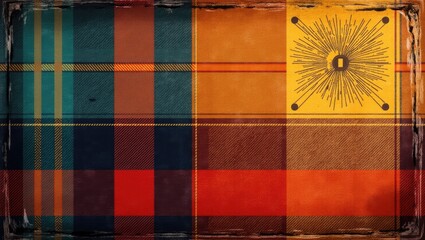 Poster - Dynamic textured design featuring a colorful checkerboard motif, a classic plaid background, and a geometric tartan illustration suited for wallpaper aesthetics.