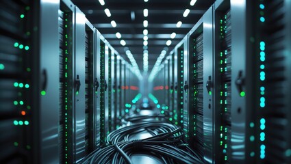 Fototapete - Digital abstract storage facility; data hub. Server environment for cloud computing technology. Network connections among server farms. Dim lights represent data transmission and connectivity.