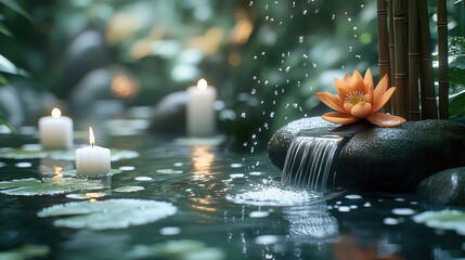 Poster - serene water scene featuring lotus flower, candles, and gentle waterfalls creates peaceful atmosphere
